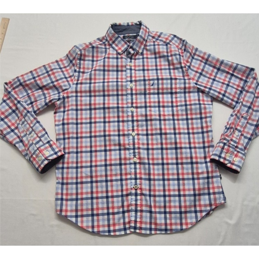 Nautica Classic Fit Stretch men's pink/wht/blue plaid long sleeve button up sz M